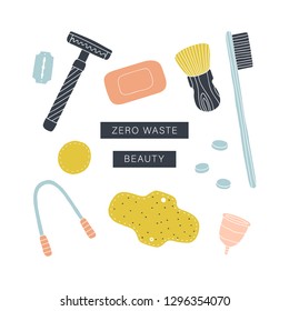 Zero waste beauty kit. Eco friendly reusable items. Vector illustration