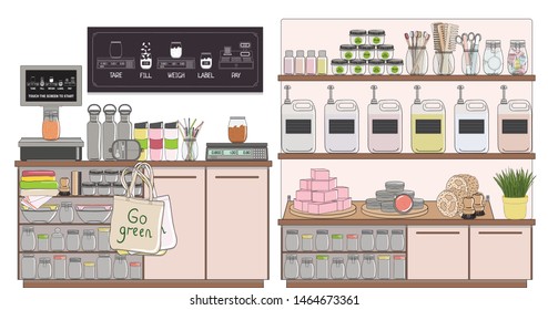 Zero waste beauty shop. Bulk groceries store. Natural organic beauty products without packaging. Sale of products by weight. No plastic. Hand drawn vector illustration isolated on white.