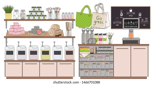 Zero waste beauty shop. Bulk groceries store. Natural organic beauty products without packaging. Sale of products by weight. No plastic. Hand drawn vector illustration isolated on white.