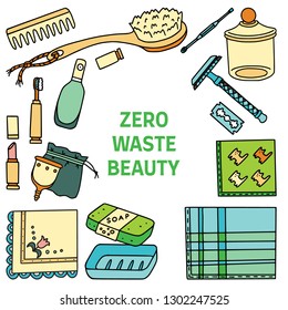 Zero Waste Beauty text with sustainable living items. Ecohome.