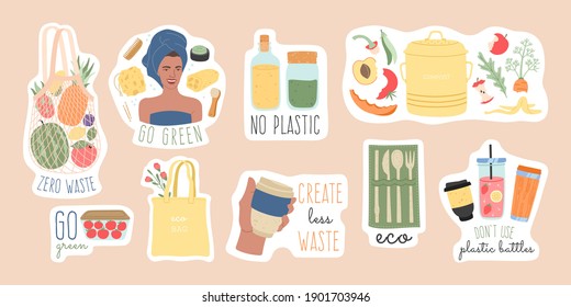 Cero basura pegatinas con lemas. Gran paquete de elementos ecológicos y reciclables, estilo de vida verde, salvar el planeta. Pines antiplásticos ecológicos modernos, ilustración vectorial de caricatura plana