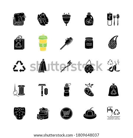Zero waste black glyph icons set on white space. Eco friendly lifestyle, anticonsumerism silhouette symbols. Environment conservation and responsible consumption. Vector isolated illustrations