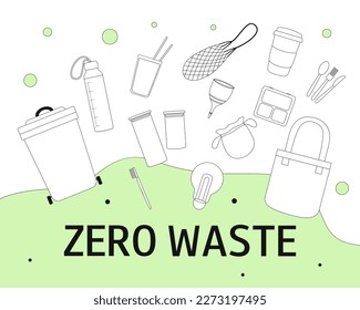 Zero waste. Black and white no plastic objects. Go green. Environmental protection. Zero waste vector illustration set. Earth Day. Infographic.