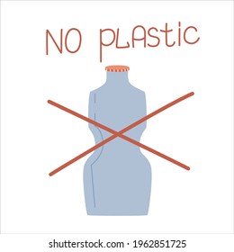 Cero desperdicio, botellas tachadas y sin inscripciones de plástico aislado sobre un fondo blanco. Reciclaje de basura, productos naturales, sin plástico. Diseño plano vectorial. Ilustración vectorial en plano.