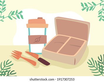 Diseño de tazas y cubertería de la caja de desechos cero, tema de reciclaje ecológico Save planet Icono Vector ilustración