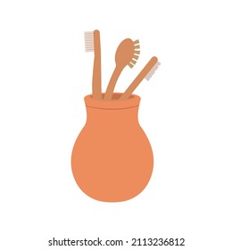 Zero waste brushes in a rustic ceramic pot isolated vector illustration.  