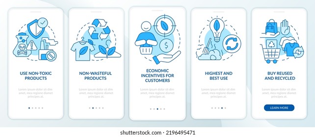 Zero waste business key elements blue onboarding mobile app screen. Walkthrough 5 steps editable graphic instructions with linear concepts. UI, UX, GUI template. Myriad Pro-Bold, Regular fonts used