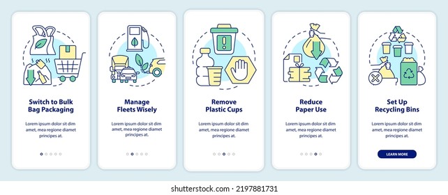 Zero waste business onboarding mobile app screen. Reduce paper use walkthrough 5 steps editable graphic instructions with linear concepts. UI, UX, GUI template. Myriad Pro-Bold, Regular fonts used