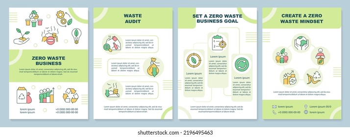 Zero waste business principles green brochure template. Audit. Leaflet design with linear icons. Editable 4 vector layouts for presentation, annual reports. Arial-Black, Myriad Pro-Regular fonts used