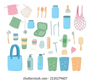 Zero waste. Cartoon products and containers, reusable bags, cans and cups. Vector isolated set