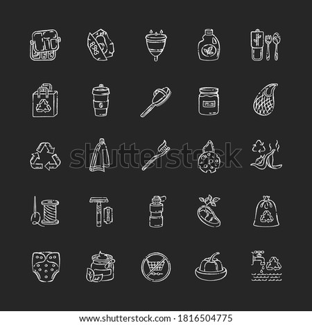 Zero waste chalk white icons set on black background. Eco friendly lifestyle, anticonsumerism. Environment conservation and responsible consumption. Isolated vector chalkboard illustrations