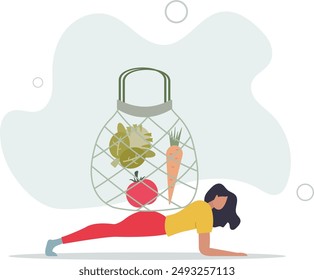 Cero desperdicio. Personaje que utiliza bolsa de ganchillo reutilizable respetuoso del medio ambiente para reducir el uso de plástico y los efectos negativos del clima.