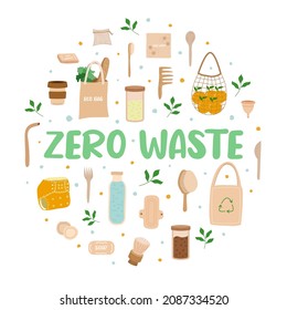 Zero waste circle template. Set of reusable items in hand drawen style. Concept vector illustartion in flat style.