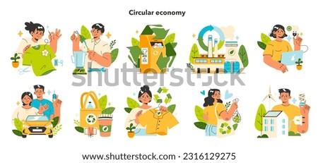 Zero waste and circular economy set. Upcycling or reuse of old stuff. Product life cycle. Business and social responsibility for impact on environment. Flat vector illustration