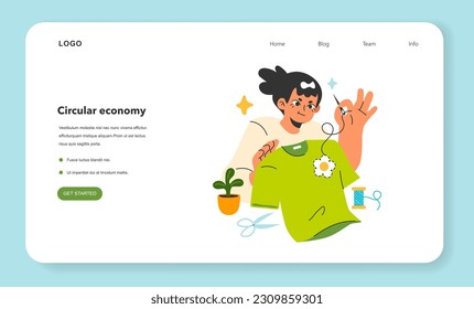Zero waste and circular economy web banner or landing page. Upcycling or reuse of old clothes. Reducing fast fashion effect. Second life for old stuff. Sustainability idea. Flat vector illustration