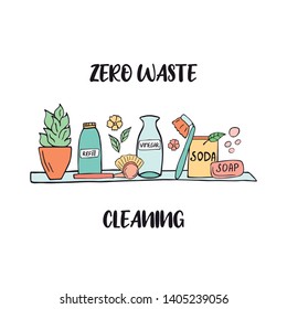 Zero Waste cleaning shelf with sustainable items. Hand drawn vector illustration