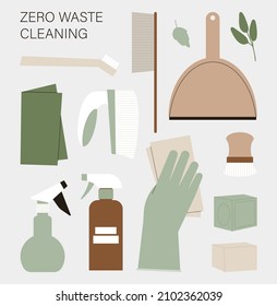 Zero waste cleaning supplies set. Hands in gloves, brush and eco friendly bottles. Flat illustration of housekeeping organic products for professional cleanup.