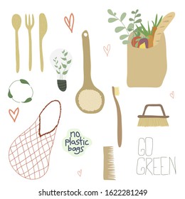 Zero Waste collection durable and reusable items: sponge, toothbrush, comb, brushes, paper bag, wooden cutlery, eco grocery bags. Eco friendly elements in flat cartoon style. Vector illustration.