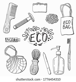The Zero Waste collection of durable and reusable products. Wooden - toothbrush, shaving brush, hairbrush, flash drive. Natural soap and washcloth. Metal razor. 