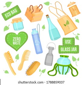 Cero recolección de residuos. Concepto ecológico, sin vida de basura. Conjunto de productos o cosas duraderos y reutilizables - jarras de vidrio, bolsas para productos ecológicos, artesanías de madera. El estilo ecológico salva el planeta, utilice un embalaje seguro