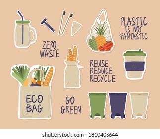 Zero waste collection of hand drawn items: glass cup, grocery bag with fruits and vegetables, bag for bread, menstrual cup. Lettering of eco phrases - "go green", "reuse, reduce, recycle".