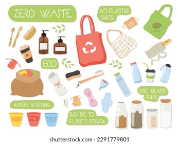 Zero waste collection. Set of packages and glasses, grids for products. Recycling and reuse of materials. Eco friendly items pack. Cartoon flat vector illustrations isolated on white background