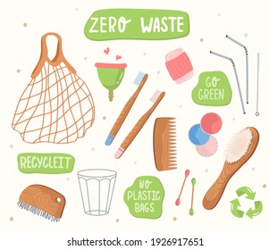 Zero waste collection. A set of recyclable wooden items for personal care. Cloth bag, wooden toothbrush, hairbrush, menstrual cup. Flat vector illustration. Stock graphics.