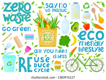 Zero waste collection.Vector illustration with hand drawn lettering,eco grocery bag,vegetables,fruits,bicycle,glass jars,wooden cutlery,comb,toothbrush,menstrual cup,thermo mug.Zero waste principals.