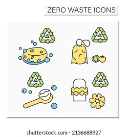 Zero waste color icons set. Trash sorting, recycling and reuse. Bath scrubber, hair scrunchies, food sack and eco sponge. Isolated vector illustrations