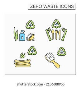 Juego de iconos de color de basura cero. Ordenación, reciclado y reutilización de la basura. Cubertería de bambú, cepillo de pelo, toallas de cocina y jabón orgánico. Ilustraciones vectoriales aisladas