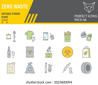 Zero waste color line icon set, recycle collection, vector graphics, logo illustrations, zero waste vector icons, environment signs, filled outline pictograms, editable stroke