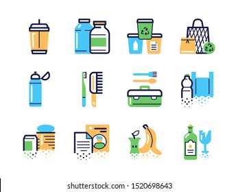 Zero waste color linear icons set. Recyclable and reusable eco friendly items flat illustrations pack. Waste management, plastic free products outline symbols. Trash sorting. Vector isolated drawings