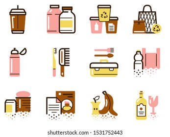 Zero waste color linear icons set. Recyclable and reusable eco friendly items flat illustrations pack. Waste management, plastic free products outline symbols. Trash sorting. Vector isolated drawings