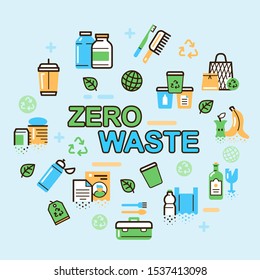 Zero waste color linear icons set. Recyclable and reusable eco friendly items flat illustrations pack. Waste management, plastic free products outline symbols. Trash sorting. Vector isolated drawings