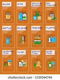 Zero waste color linear icons set. Recyclable and reusable eco friendly items flat illustrations pack. Waste management, plastic free products outline symbols. Trash sorting. Vector isolated drawings