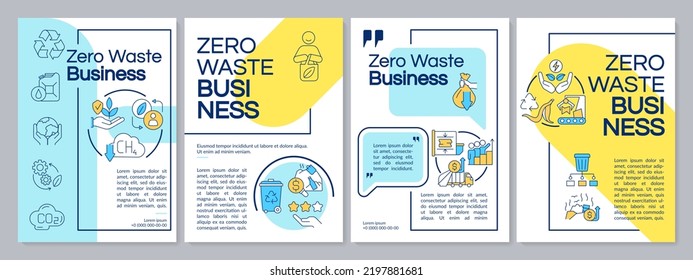 Zero waste company blue and yellow brochure template. Recycling. Leaflet design with linear icons. Editable 4 vector layouts for presentation, annual reports. Questrial, Lato-Regular fonts used