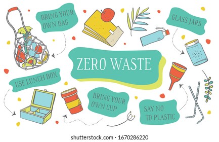 Zero waste composition design template with motivation titles. Bags, jars, food container, food. Hand drawn sketch vecor illustration