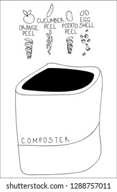 Zero waste composter with orange, cucumber, potato peel and egg shell