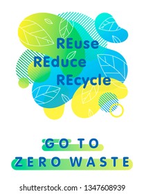 Concepto de basura cero con formas líquidas brillantes, hojas diminutas y elementos geométricos.Composición fluida perfecta para impresiones, logos, volantes, diseño de banners y más.Reutilizar, Reducir, reciclar.Estilo de vida ecológico.