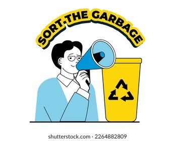 Zero waste concept with character situation. Activist with megaphone calls for sorting garbage, separating and sending it for recycling. Vector illustration with people scene in flat design for web