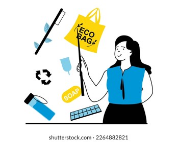 Zero waste concept with character situation. Woman pointing at eco products, bamboo toothbrush, testicle shopping bag, glass bottle, other. Vector illustration with people scene in flat design for web