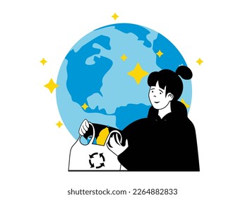 Nullabfallkonzept mit Charaktersituation. Die Frau sammelt, sortiert und trennt den Müll in spezielle Recyclingsäcke, um den Planeten zu reinigen. Vektorgrafik mit Menschen-Szene in flachem Design für Web