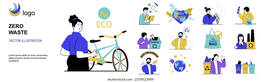 Zero waste concept with character situations collection. Bundle of scenes people recycling waste, using eco bags and bicycle, sorting garbage for reusing. Vector illustrations in flat web design