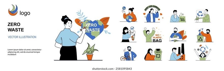 Zero waste concept with character situations mega set in flat web design. Bundle of scenes people taking care of global environment, sorting garbage, using eco shopping bags. Vector illustrations.