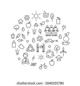 Zero waste concept circle layout with outline icons. Green Earth design. Customizable linear contour symbols. Editable stroke. Isolated vector stock illustration