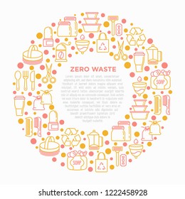 Zero waste concept in circle with thin line icons: menstrual cup, safety razor, glass jar, natural deodorant, hand coffee grinder, french press, wooden comb. Vector illustration, print media template.