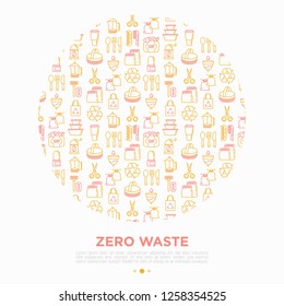 Zero waste concept in circle with thin line icons: menstrual cup, safety razor, glass jar, natural deodorant, hand coffee grinder, french press, wooden comb. Vector illustration, print media template.