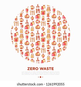Zero waste concept in circle with thin line icons: menstrual cup, safety razor, glass jar, natural deodorant, hand coffee grinder, french press, wooden comb. Vector illustration, print media template.