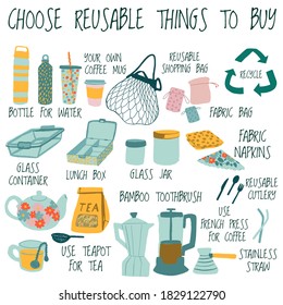 Zero Waste concept. Collection of durable and reusable items or products - eco grocery bags,glass jars, wooden toothbrush, comb, bottle, coffee mug, cloths napkins, teapot, french press, metal straw. 