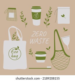 Zero Waste concept. Collection of reusable  products : eco bags, net bags, eco cup, wooden toothbrush, coffee mug, menstrual cup. Hand drawn eco life illustration.